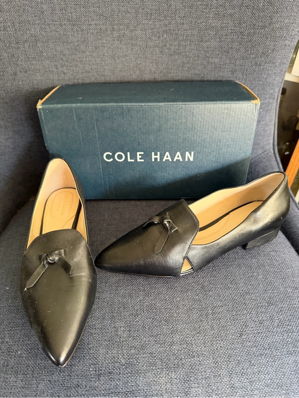 Cole Haan Black Pointed Toe Leather Loafers with Bow Accent